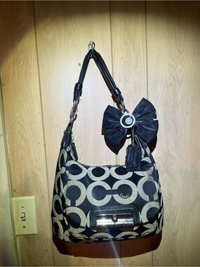 Coach Black and Cream Signature Shoulder Bag with Bow Charm